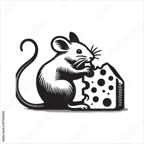 A mouse enjoys a piece of cheese vector illustration silhouette