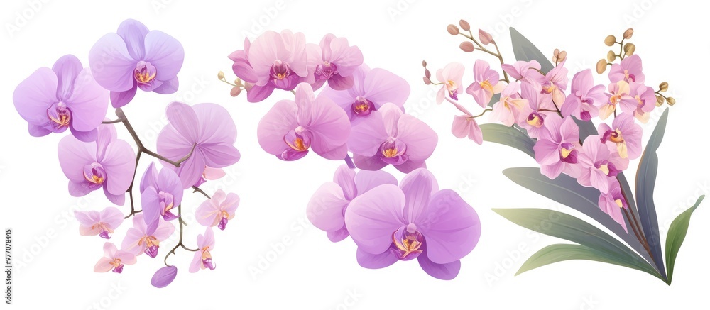 Purple orchids and tropical flowers isolated on a white background featuring a clean clipping path Purple orchids and tropical flowers isolated on a white background featuring a clean clipping path