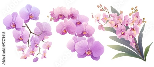 Purple orchids and tropical flowers isolated on a white background featuring a clean clipping path