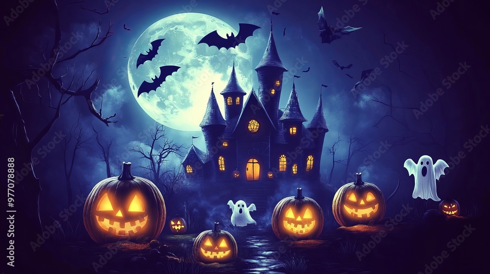 Happy Halloween design with a spooky castle, pumpkins, bats, and ghosts against a dark blue moonlit background. Happy Halloween design with a spooky castle, pumpkins, bats, and ghosts against a dark blue moonlit background.