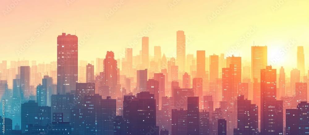 Panoramic view of a city skyline at dawn showcasing a vibrant urban landscape with early morning light illuminating the buildings Panoramic view of a city skyline at dawn showcasing a vibrant urban landscape with early morning light illuminating the buildings