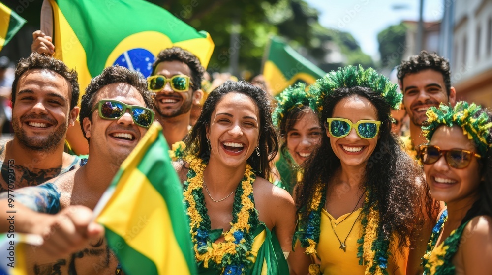 Group of people celebrating with Brazilian flags and wearing festive accessories outdoors. Group of people celebrating with Brazilian flags and wearing festive accessories outdoors.