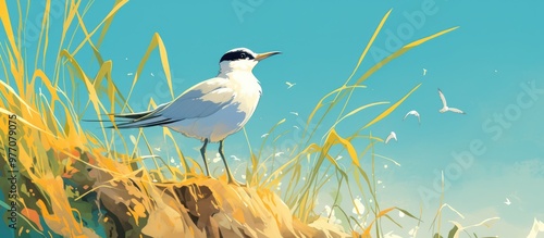Artwork depicting a common tern in its natural environment showcasing the beauty of this bird species