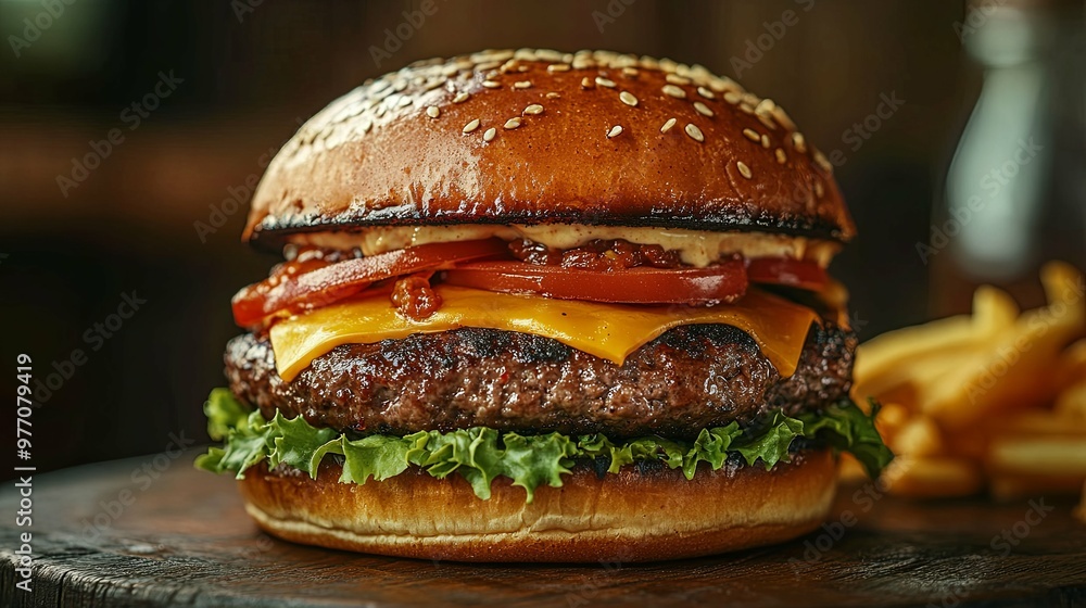 Juicy Cheeseburger with Tomato, Lettuce, and Sesame Seed Bun Juicy Cheeseburger with Tomato, Lettuce, and Sesame Seed Bun