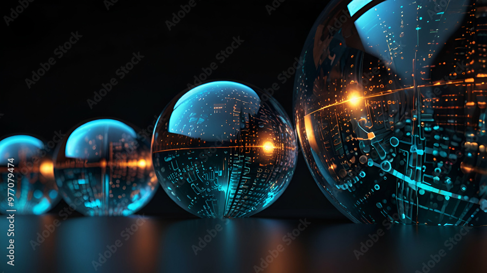 Transparent spheres reflecting glowing digital patterns.
Transparent spheres reflecting glowing digital patterns.