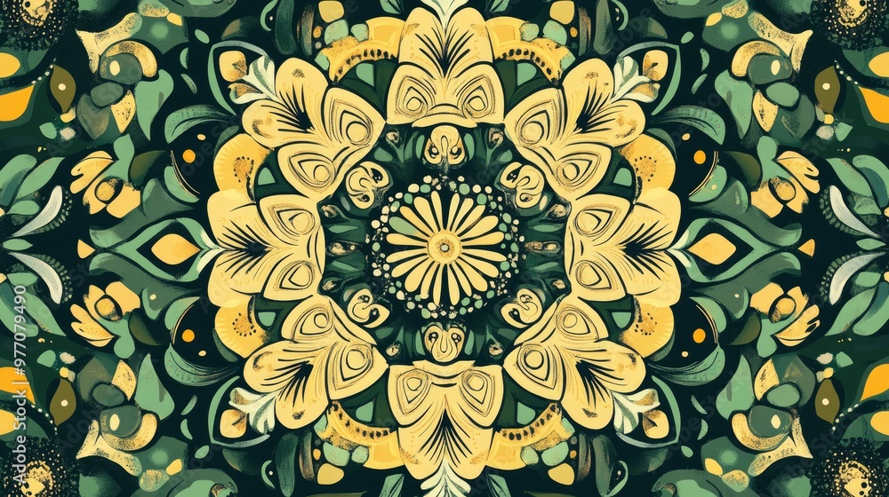 Mandala style vector artwork featuring decorative circular patterns and floral motifs in shades of yellow green and olive Mandala style vector artwork featuring decorative circular patterns and floral motifs in shades of yellow green and olive