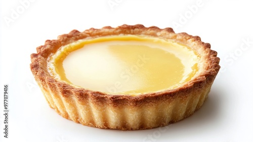 A vanilla custard tart with a golden crust and a smooth, creamy center, isolated on white.