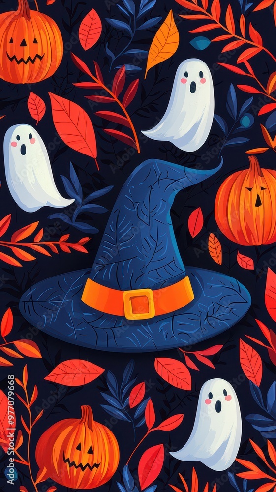A vibrant Halloween illustration featuring a witch hat, pumpkins, and playful ghosts among colorful autumn leaves. A vibrant Halloween illustration featuring a witch hat, pumpkins, and playful ghosts among colorful autumn leaves.