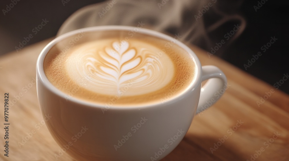 A vanilla latte in a white cup with latte art on top, steam gently rising from the cup. A vanilla latte in a white cup with latte art on top, steam gently rising from the cup.