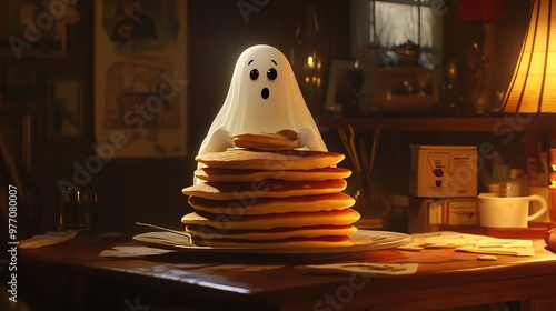 In a dimly lit room, a spooky ghost hovers above a stack of fluffy pancakes, taking big bites and enjoying the sweet treat. photo