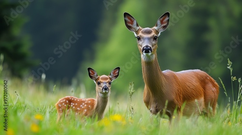 In a lush meadow, a mother roe deer and her baby graze peacefully. They are part of the wildlife that lives in this natural habitat. photo