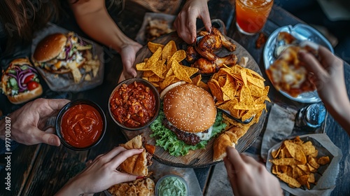 A Table Spread of Food with Friends Sharing a Meal photo