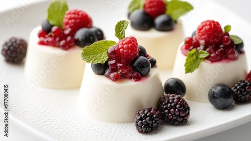 A vanilla mousse dessert, garnished with fresh berries and mint leaves, placed on a plain white background.