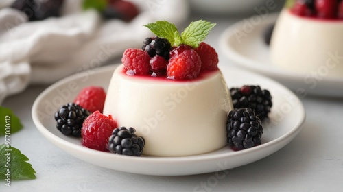 A vanilla panna cotta dessert with a smooth texture, garnished with fresh berries on the side.