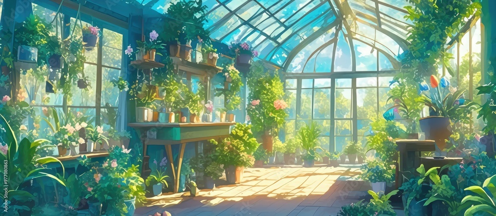 Painting of a greenhouse adorned with decorative plants in a flourishing garden setting Painting of a greenhouse adorned with decorative plants in a flourishing garden setting