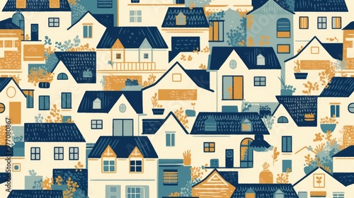 Vector art featuring a pattern of houses in shades of blue green and beige