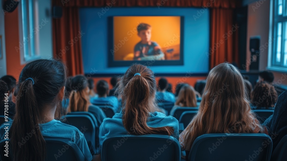 Obraz premium Children watching a movie in a cinema, educational and entertainment concept for kids.