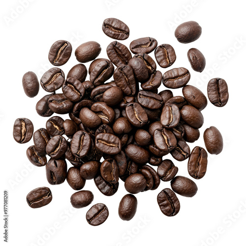 Close up of scattered roasted coffee beans on a white background photo