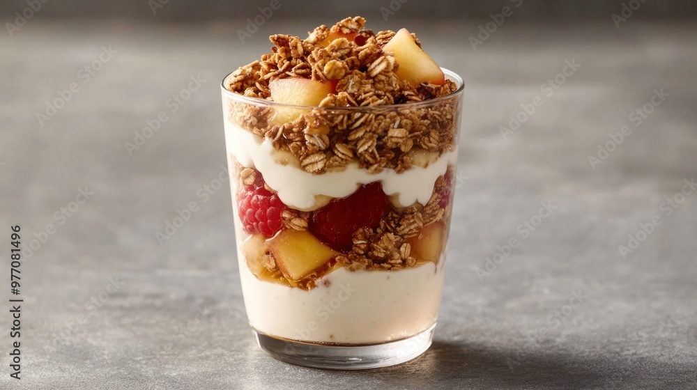 A vanilla yogurt parfait with layers of granola, fruit, and a drizzle of honey, in a clear glass. A vanilla yogurt parfait with layers of granola, fruit, and a drizzle of honey, in a clear glass.