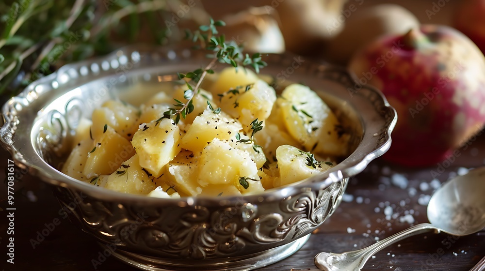 In the crimson home velvety creamy potatoes in a silver bowl In the crimson home velvety creamy potatoes in a silver bowl