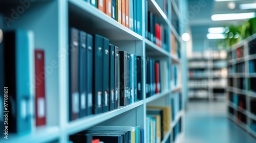 A library with books on shelves and a plant in the background, AI