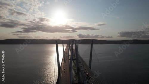 Epic aerial view of impressive suspension bridge (Tappan Zee) on the Hudson River, 4K photo