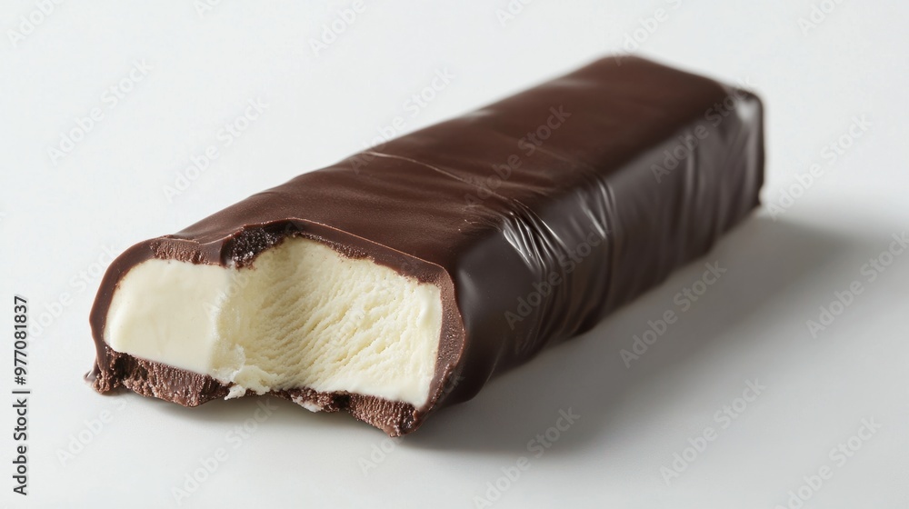 A vanilla-flavored ice cream bar coated in a chocolate shell, partially unwrapped on a white background. A vanilla-flavored ice cream bar coated in a chocolate shell, partially unwrapped on a white background.