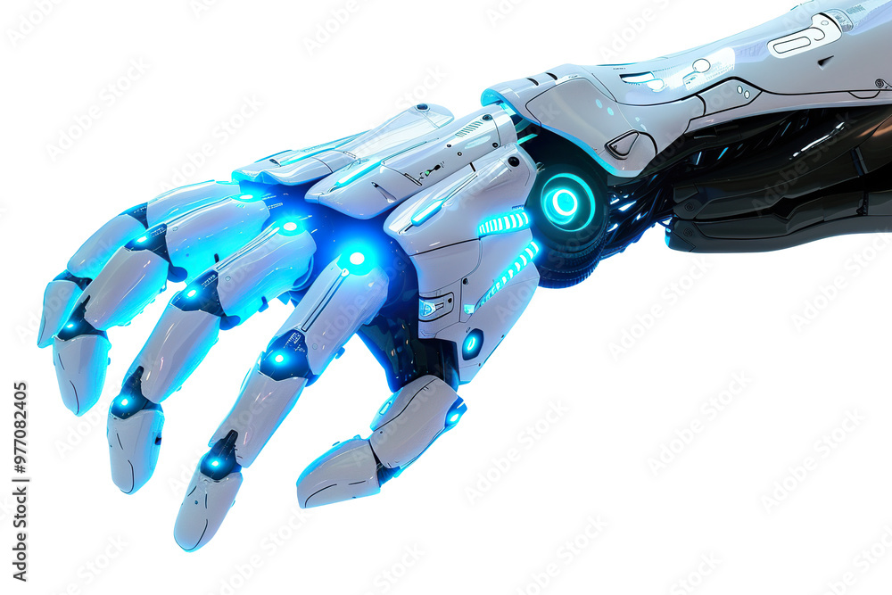 Detailed closeup of futuristic robot hand showcasing advanced mechanical engineering with articulated fingers and illuminated joints, on transparent background. Cut out robotic hand. Detailed closeup of futuristic robot hand showcasing advanced mechanical engineering with articulated fingers and illuminated joints, on transparent background. Cut out robotic hand.