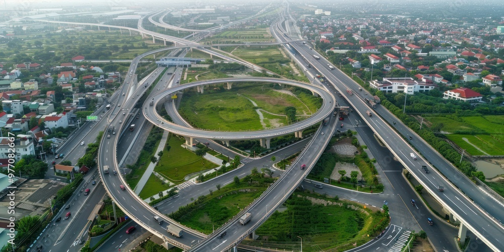 Fototapeta premium Aerial drone top view photo of highway multilevel junction interchange road in an urban populated area