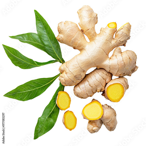 Fresh ginger root with green leaves on black background