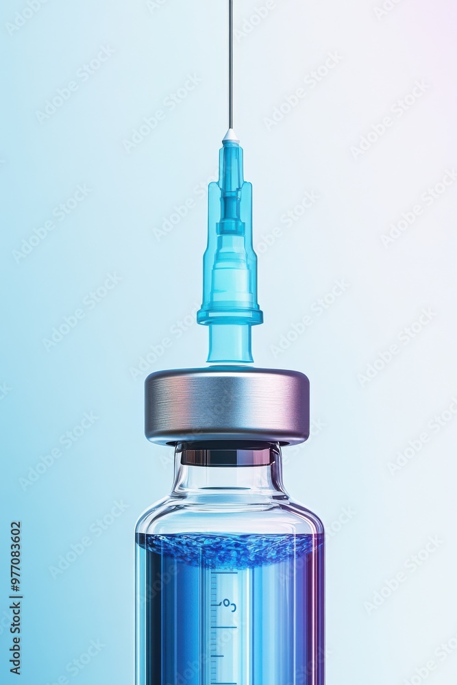 Close-up of a medical syringe with a needle and a vial filled with blue liquid on a gradient white and blue background Close-up of a medical syringe with a needle and a vial filled with blue liquid on a gradient white and blue background