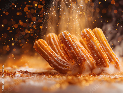 Traditional close up photo of cinnamon sugar-coated churros, a popular Spanish snack