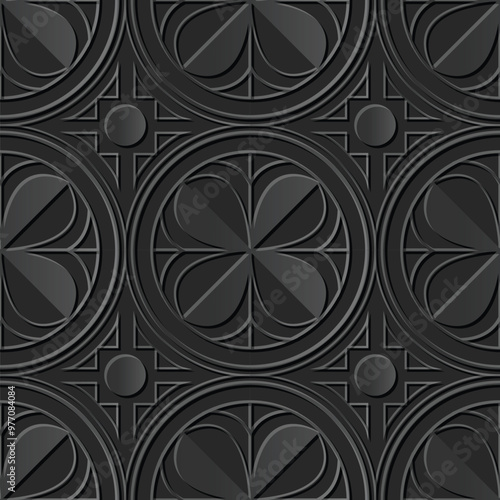 A geometric pattern featuring circular shapes with floral motifs, designed in a monochromatic color scheme.