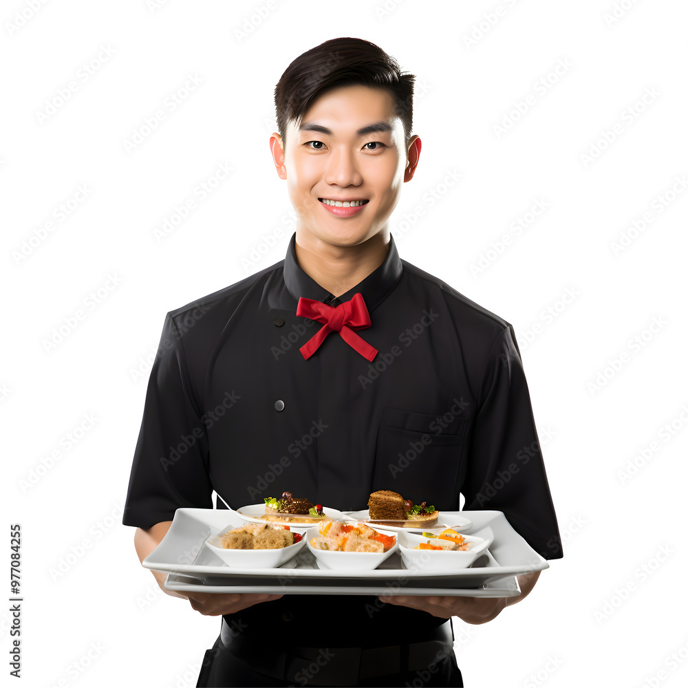 Handsome happy young asian waiter in tuxedo smilling and gloves holding empty tray Handsome happy young asian waiter in tuxedo smilling and gloves holding empty tray