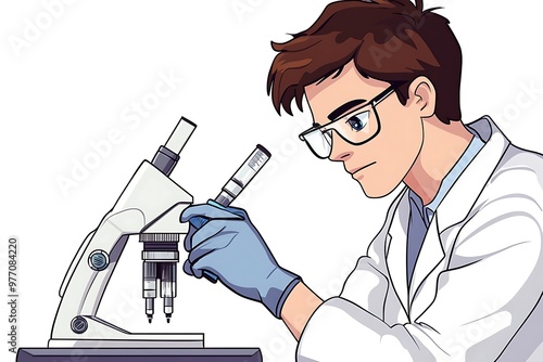 Cartoon illustration of a scientist using a microscope.