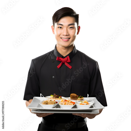Handsome happy young asian waiter in tuxedo smilling and gloves holding empty tray