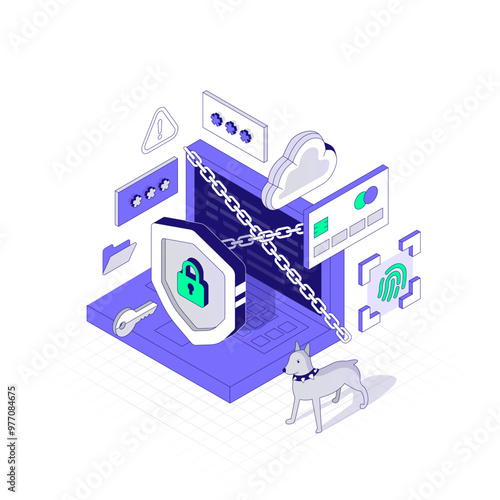 Concept of Cybersecurity. The Laptop is Protected in Chains. A large Shield and a Guard Dog in an isometric projection. Vector illustration