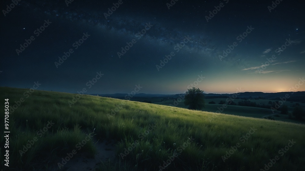 Serenade night with stars above a grassy hill and a soft glow on the horizon Serenade night with stars above a grassy hill and a soft glow on the horizon