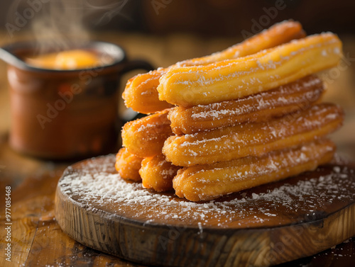 Traditional Spanish Churros Stacked with Powdered Sugar Close up Photo