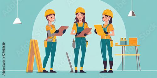 vector illustration construction worker woman wearing PPEs, machinery in the background., construction site. hard hat, safety glasses, safety boots. Personal protection equipment. architect, engineer