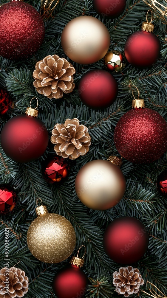 Red and Gold Christmas Ornaments on Pine Branches Red and Gold Christmas Ornaments on Pine Branches