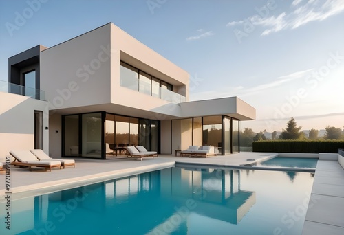 A modern two-story house with a swimming pool in the foreground. The house has a minimalist design with clean lines, large windows, and a flat roof. The pool reflects the sky and surrounding environme