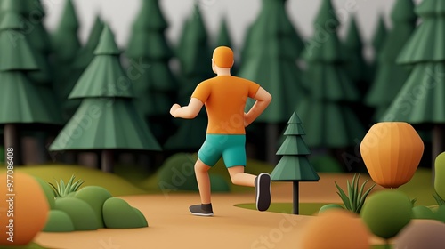 3D cartoon runner pacing through a forest trail, their goal visible far ahead, symbolizing long-term endurance and persistence