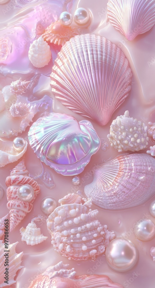 Iridescent seashells and lots of pearls, in a pink pastel, dreamy style. Iridescent seashells and lots of pearls, in a pink pastel, dreamy style.