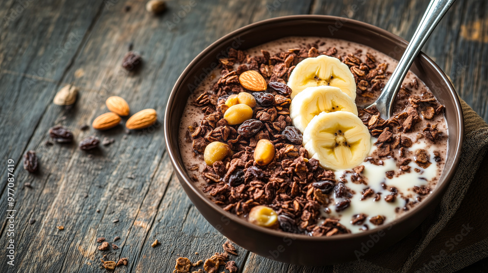Bowl filled with milk and choco flakes Bowl filled with milk and choco flakes