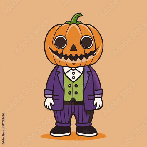 Suave Pumpkin Man Confidently Posed in Purple Suit Against Orange Background