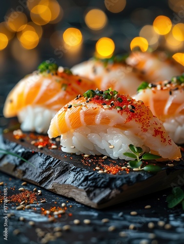 Hokkigai Nigiri, surf clam sushi on rice, classic Nigiri on ceramic plate, close up photo with noble background photo