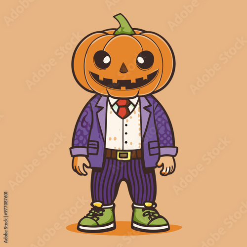 Cheerful Pumpkin Man Stylishly Dressed in Purple Pinstripe Suit Against Orange Background