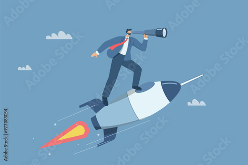 Businessman riding a rocket looking through binoculars, Business concepts for development and moving forward to success, Vision to achieve goals, Vector design illustration.