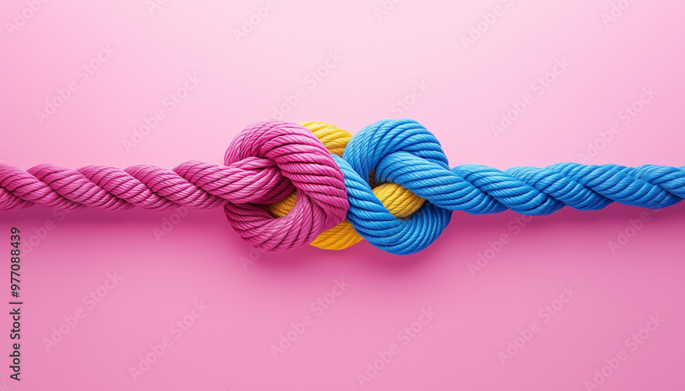 ropes of different colors tied into a knot, pink background, concept of infinity and connection, relationships and friendship, symbolizing unity and strength, teamwork and partnership ropes of different colors tied into a knot, pink background, concept of infinity and connection, relationships and friendship, symbolizing unity and strength, teamwork and partnership